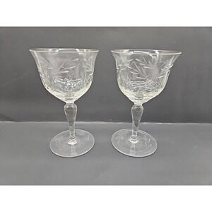 Vintage Delicate Fine Crystal Stemware Etched Flower & Leaves Lot Of 2